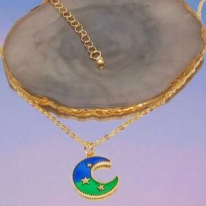 Gold Crescent Moon Charm Necklace Modern Retro Glam Mod 60s Galaxycore Celestial